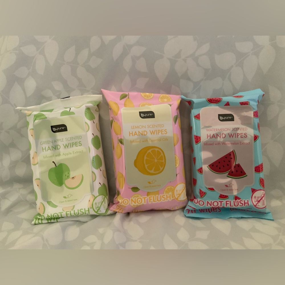 NEW Set of 3 Scented Hand Wipes BPURE Green Apple Lemon Watermelon Summer Scents